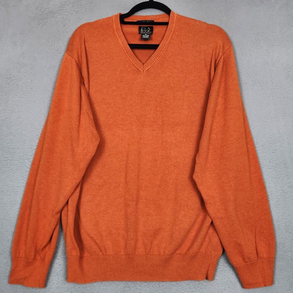 Jos A Bank Sweater Mens XL Orange 100% Pima Cotton V Neck Knit Pullover Classic